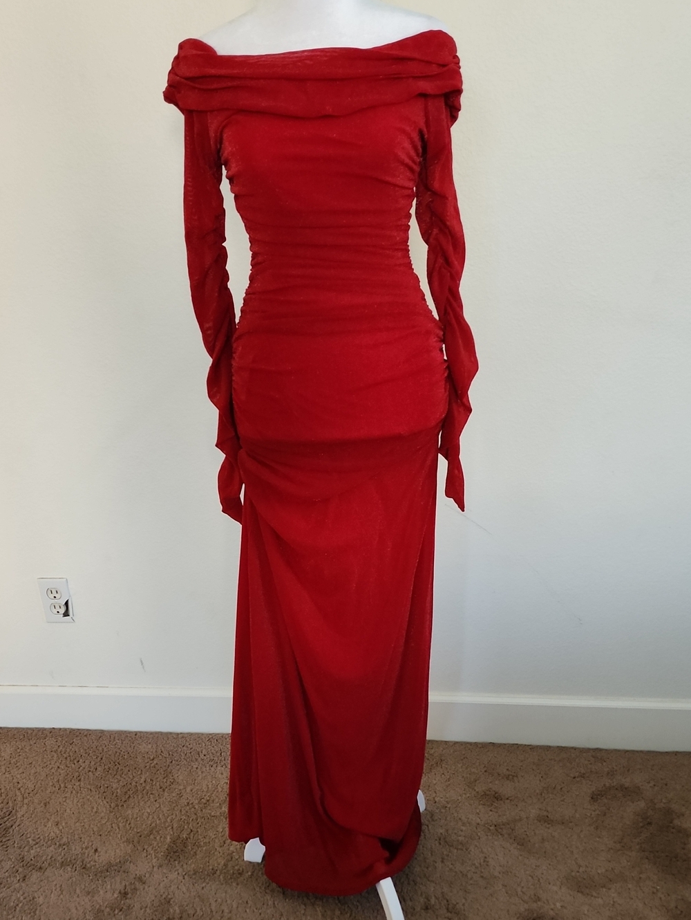 B Darlin Red Off-Shoulder Ruched Long Sleeve Maxi Dress